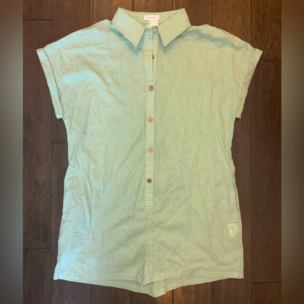 Better Be Collared Button Down Poolside Romper (Green, Size L, NWT)